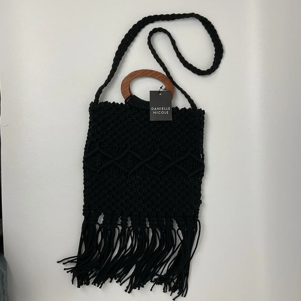 Danielle Nicole Black‎ Macrame Fringe Crossbody Shoulder Bag Boho Cottagecore